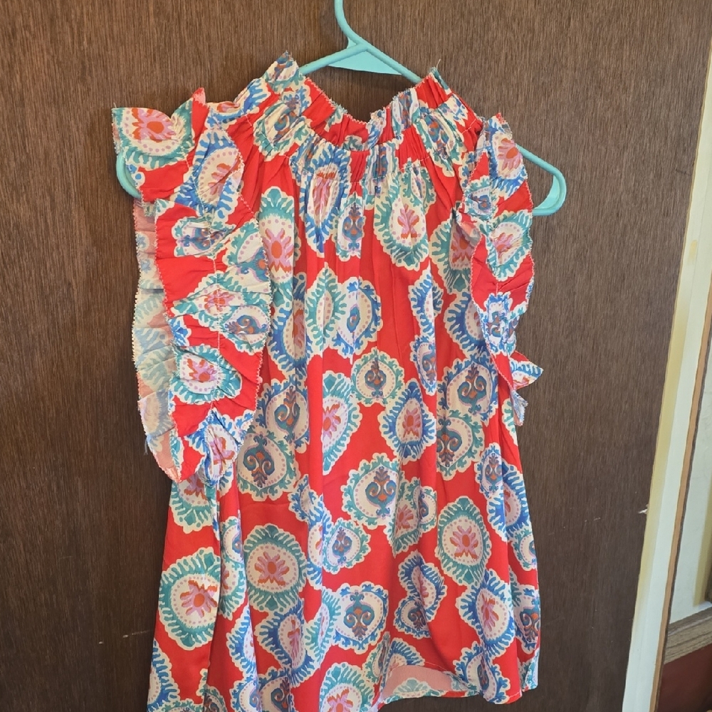Red Floral Patterned Ruffle Sleeve Dress